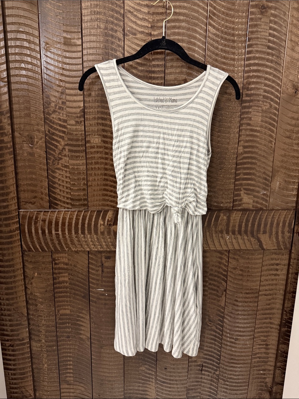 Latched Mama Striped Sleeveless Tie-Waist Nursing Dress - Light Gray & White